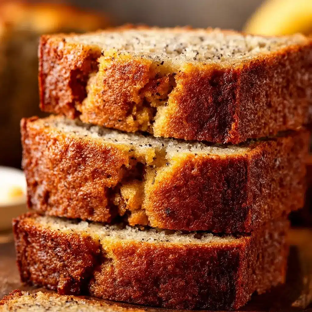 Sliced classic banana bread on a wooden board with ripe bananas