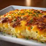 Classic breakfast hashbrown casserole topped with cheese and herbs