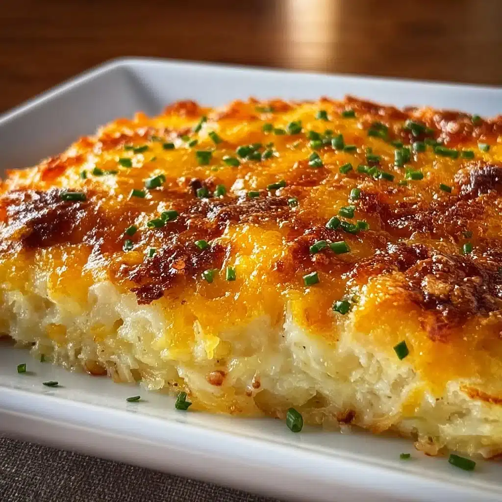 Classic breakfast hashbrown casserole topped with cheese and herbs