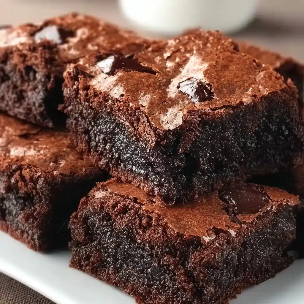 Homemade fudgy brownies on a white plate with chocolate drizzle