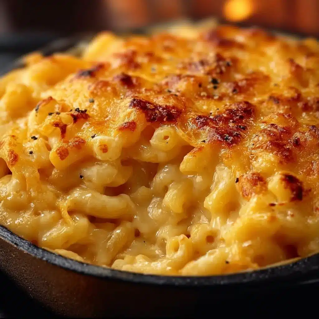 A bowl of classic creamy mac & cheese topped with golden breadcrumbs.