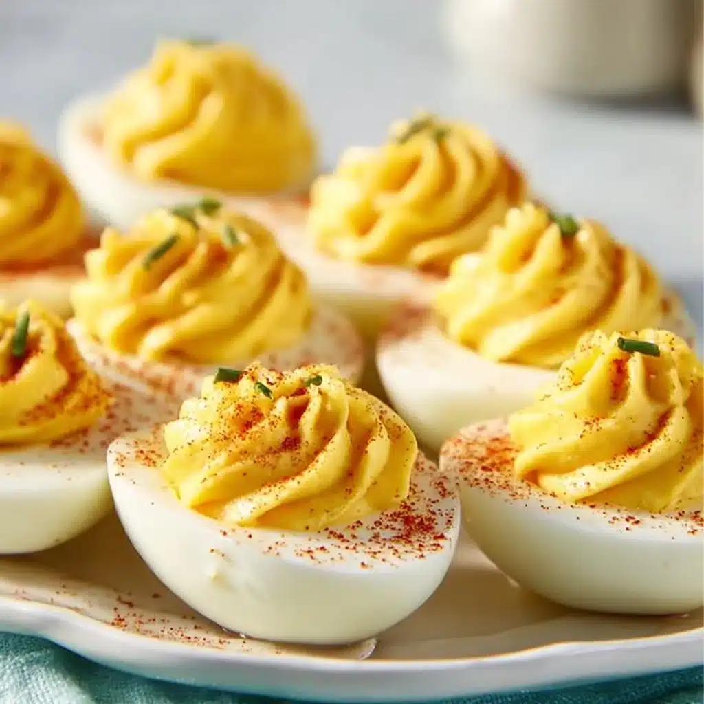 Platter of classic deviled eggs garnished with paprika and herbs