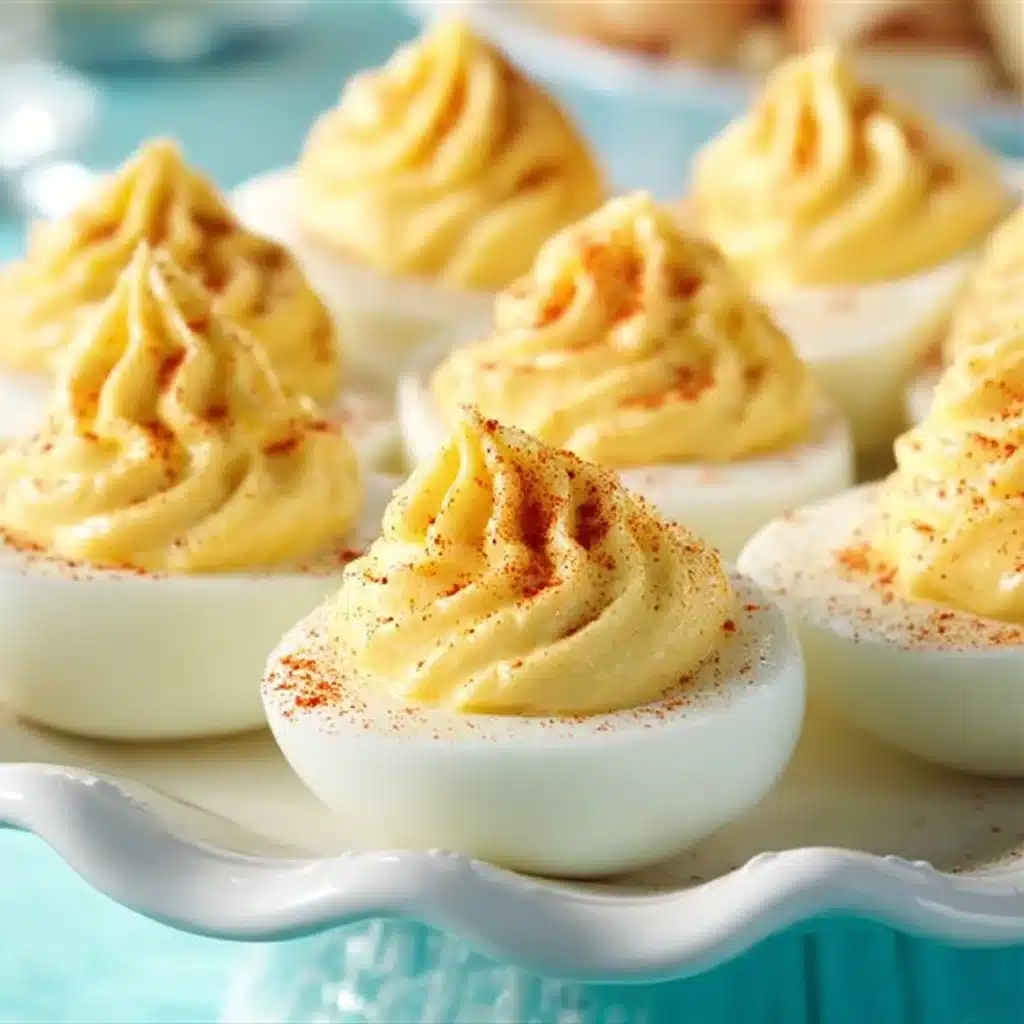 Platter of classic deviled eggs garnished with paprika and herbs