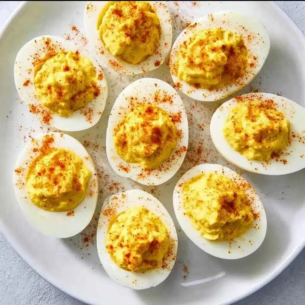 Classic deviled eggs garnished with paprika on a platter