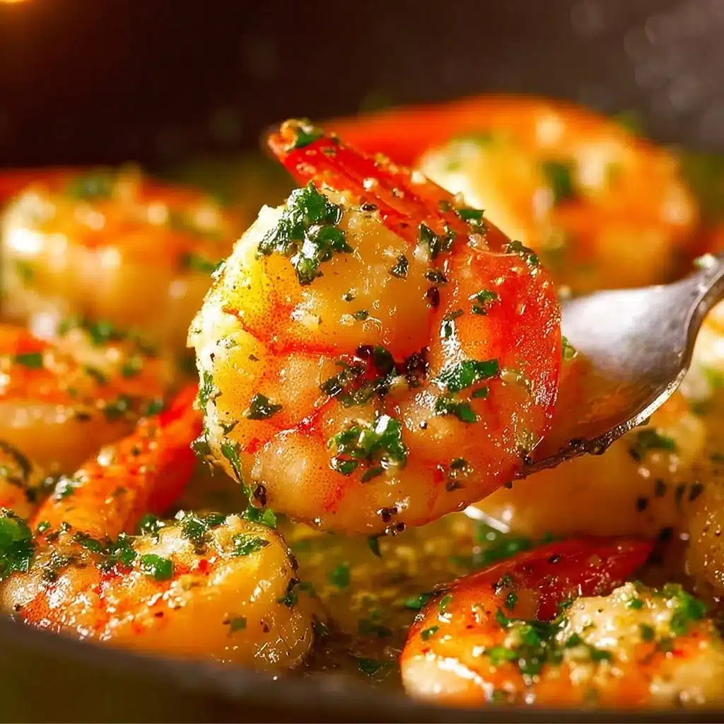 Plate of classic garlic butter shrimp scampi garnished with parsley and lemon.