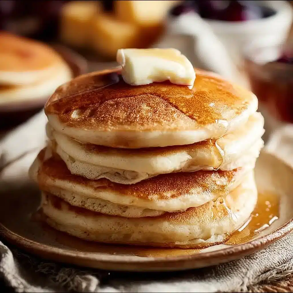 Stack of classic fluffy pancakes with syrup and berries on a plate