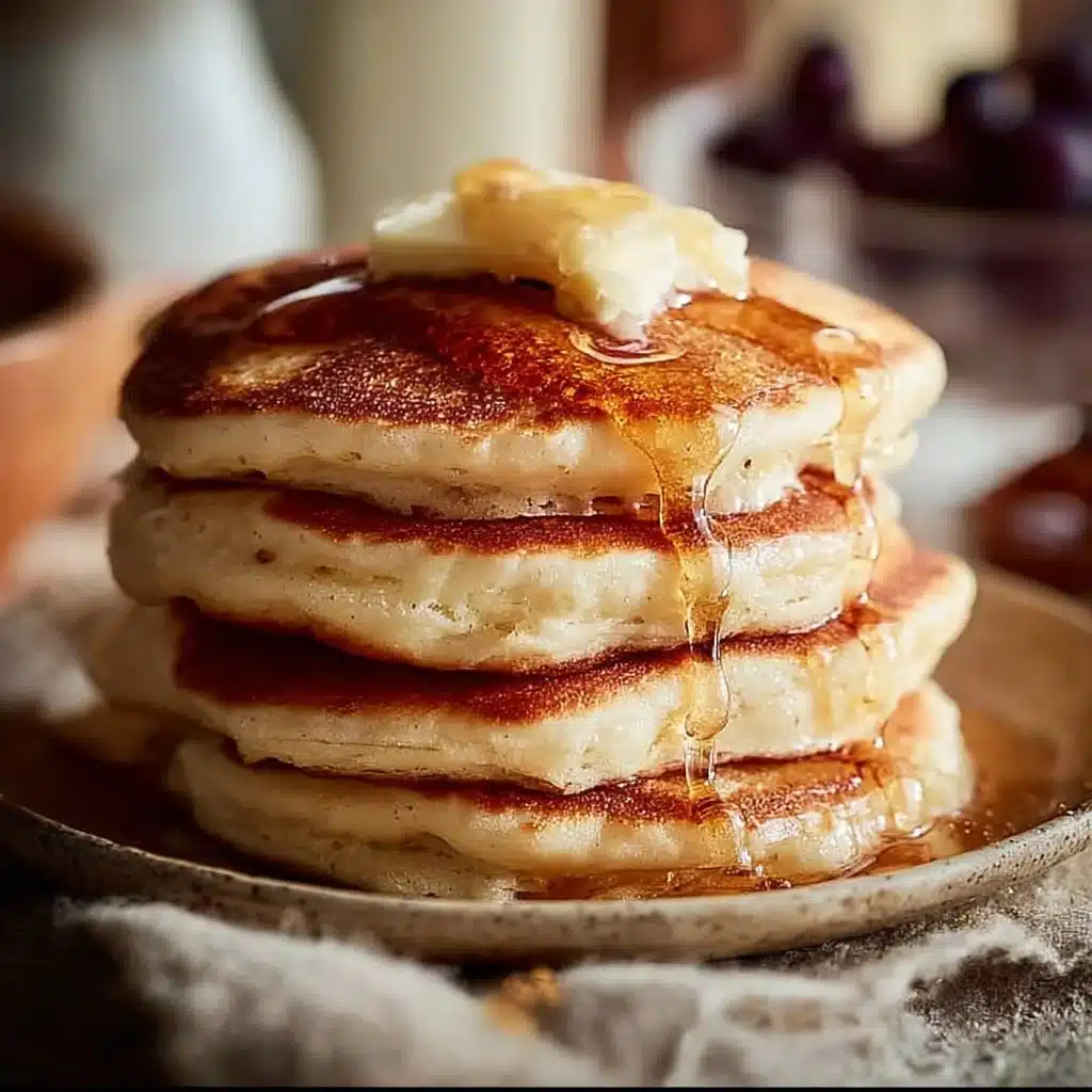Stack of classic pancakes topped with syrup and berries