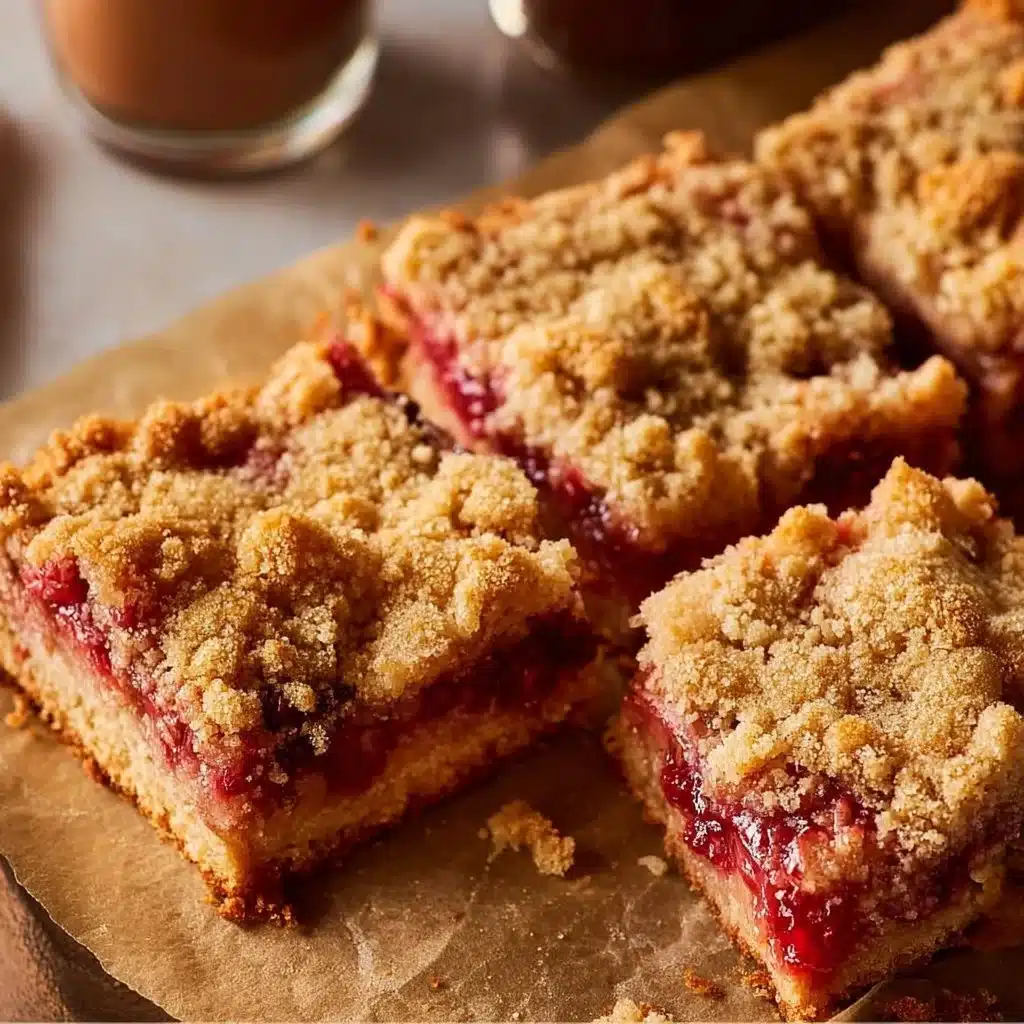 Slice of classic rhubarb coffee cake on a plate with coffee cup