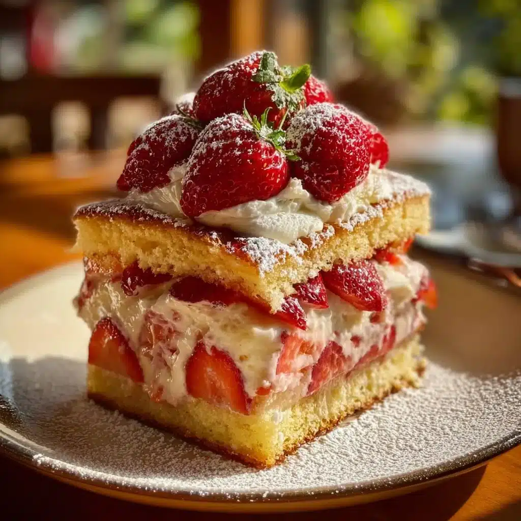 Delicious classic strawberry shortcake topped with fresh strawberries and whipped cream.