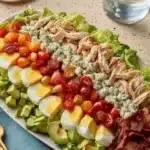 Delicious Cobb Salad with greens, chicken, bacon, egg, and avocado on a plate.