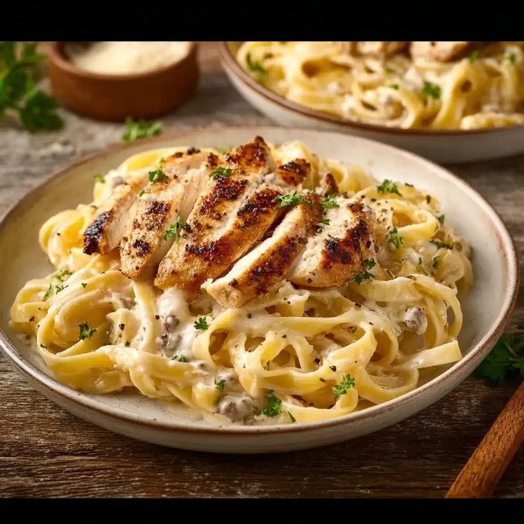 Creamy Chicken Alfredo dish served with pasta and garnished with parsley