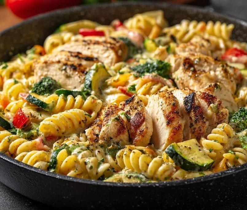 Creamy chicken pasta primavera with colorful vegetables and herbs