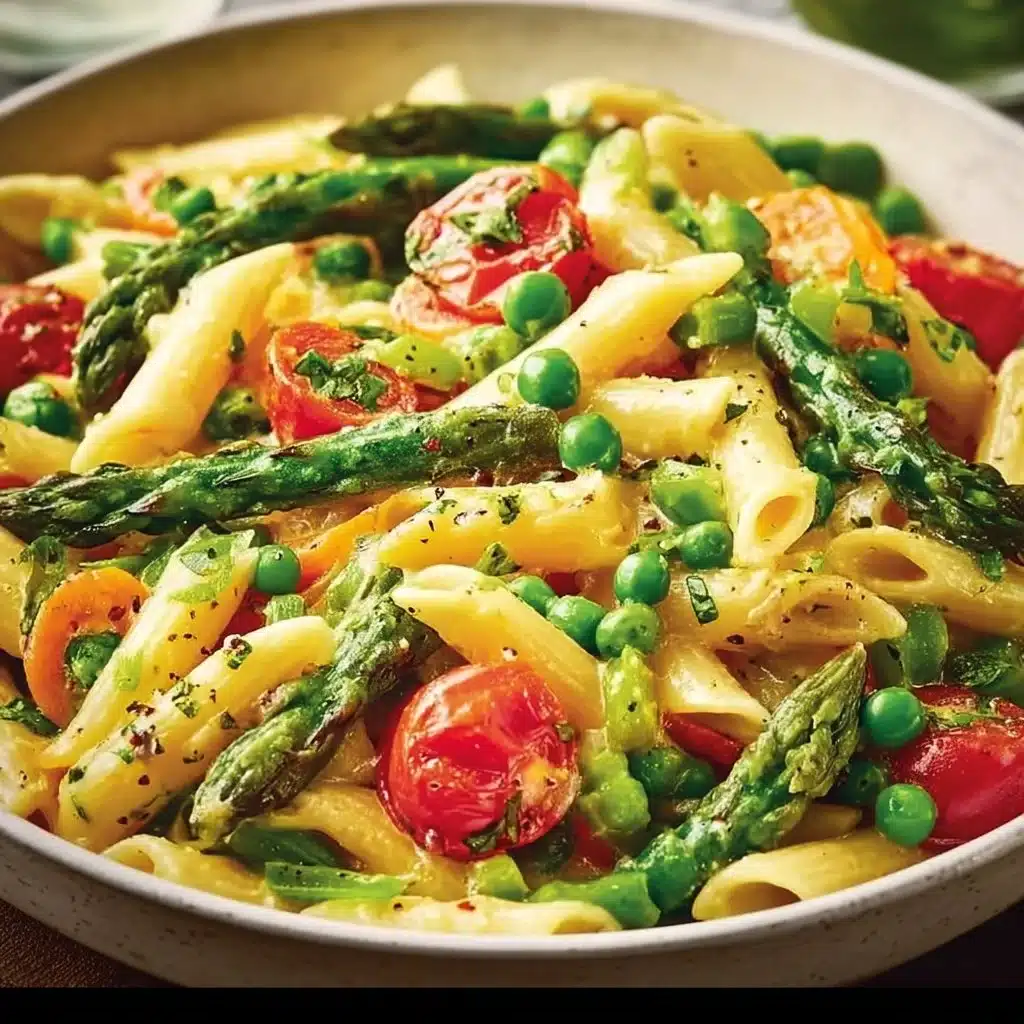 Creamy pasta primavera with fresh vegetables in a bowl
