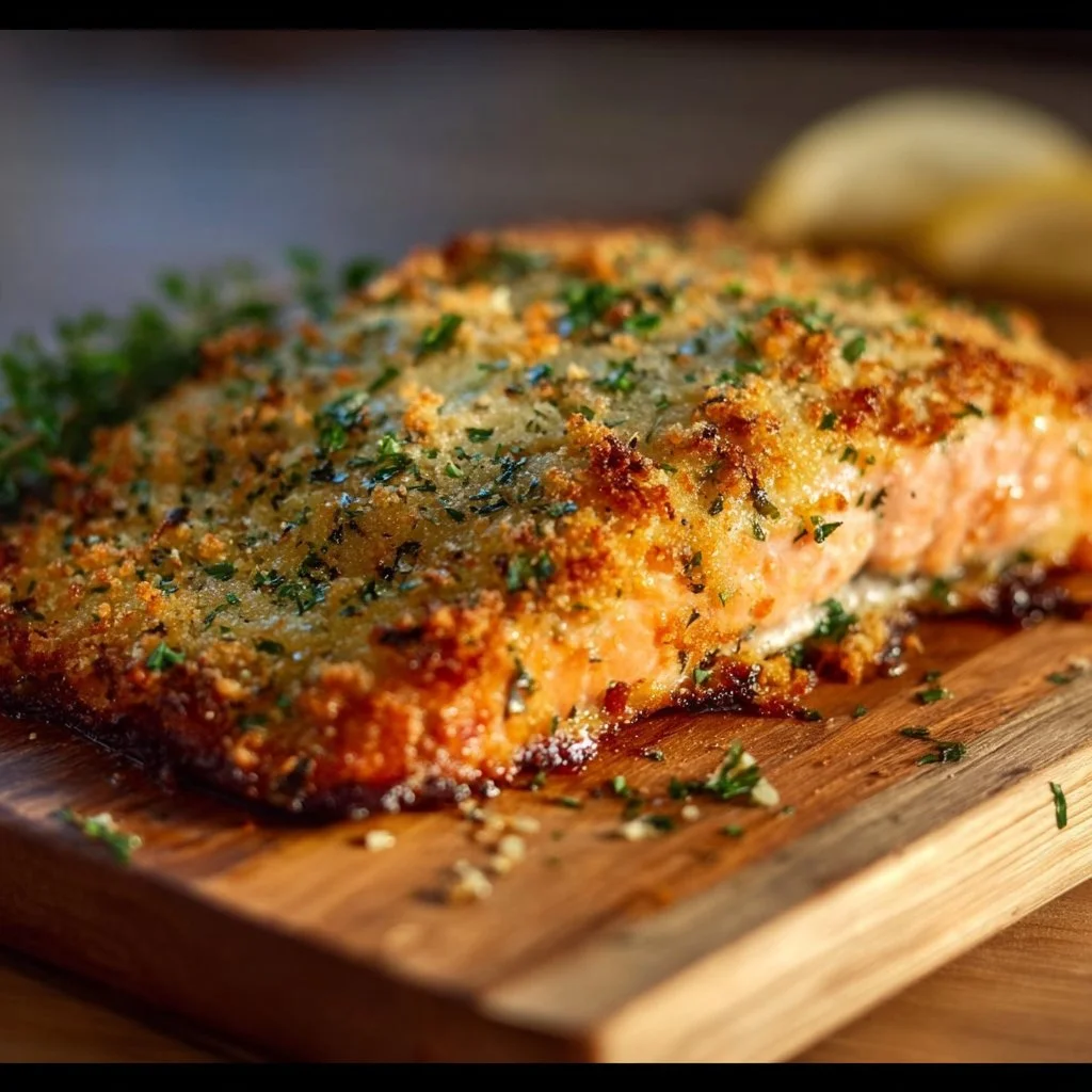 Crispy parmesan crusted baked salmon served with lemon and herbs.