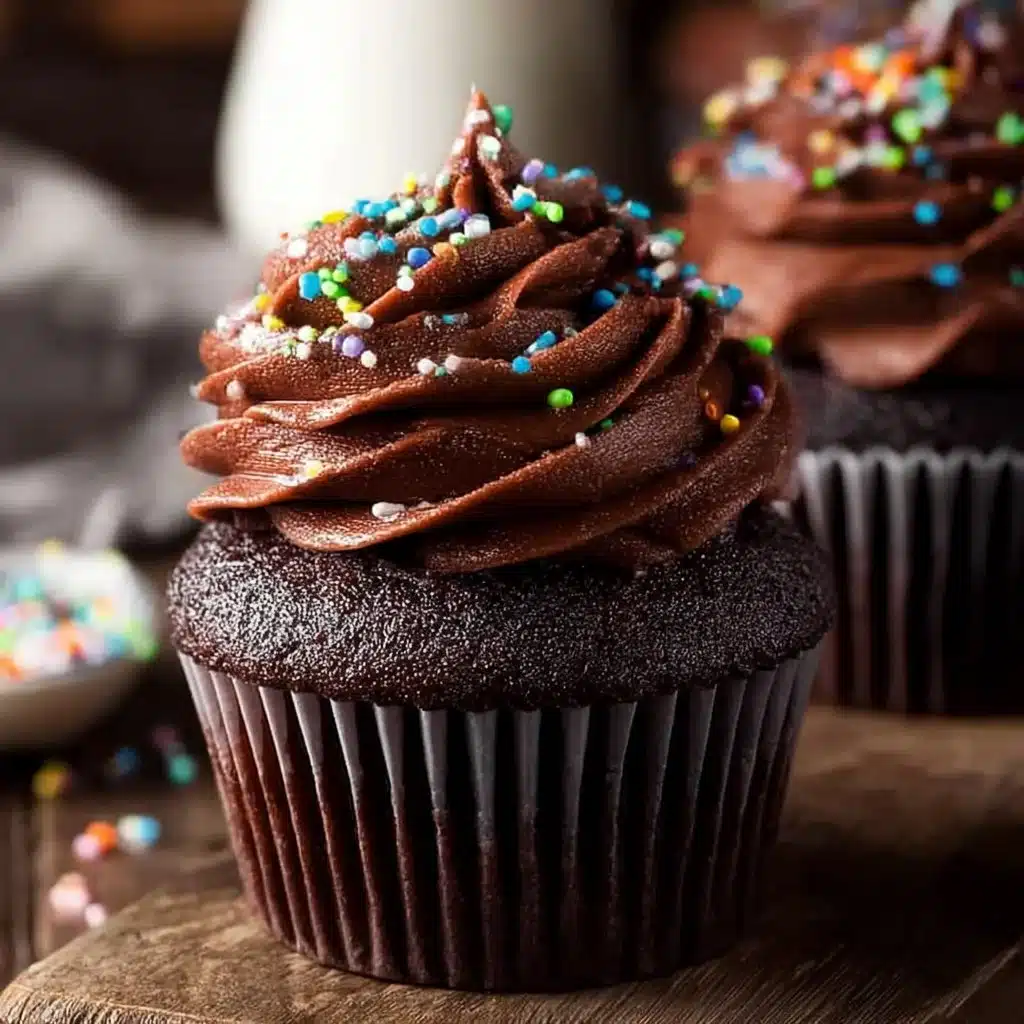 Delicious double chocolate cupcakes topped with creamy frosting.