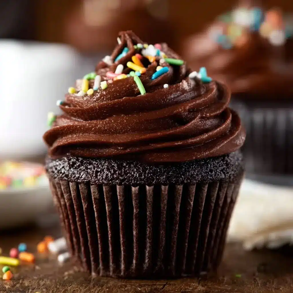 Double chocolate cupcakes topped with rich chocolate frosting