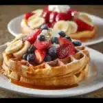 Delicious homemade Belgian waffle topped with fresh strawberries and whipped cream