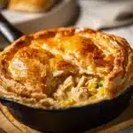 Delicious easy chicken pot pie served in a rustic bowl on a wooden table.