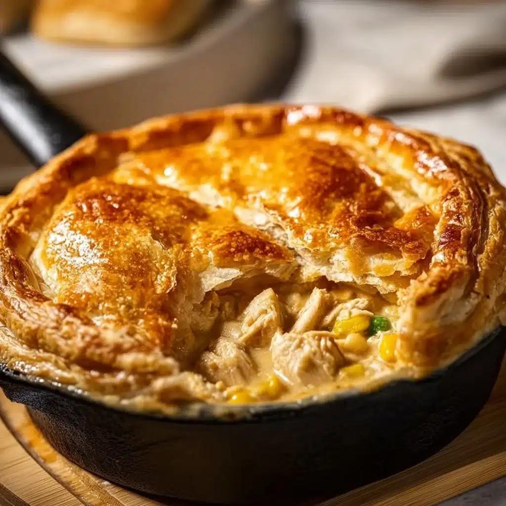 Delicious easy chicken pot pie served in a rustic bowl on a wooden table.