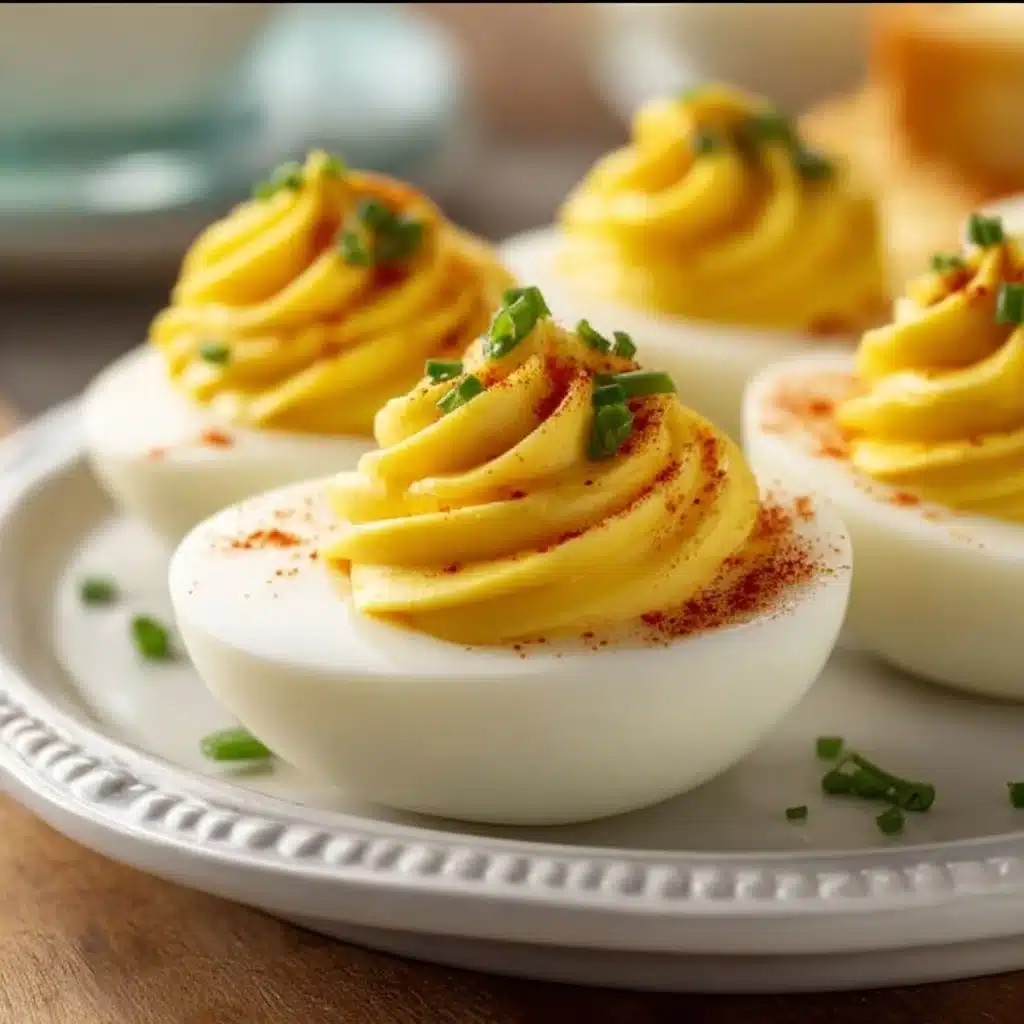 Plate of easy deviled eggs with secret ingredient for added flavor