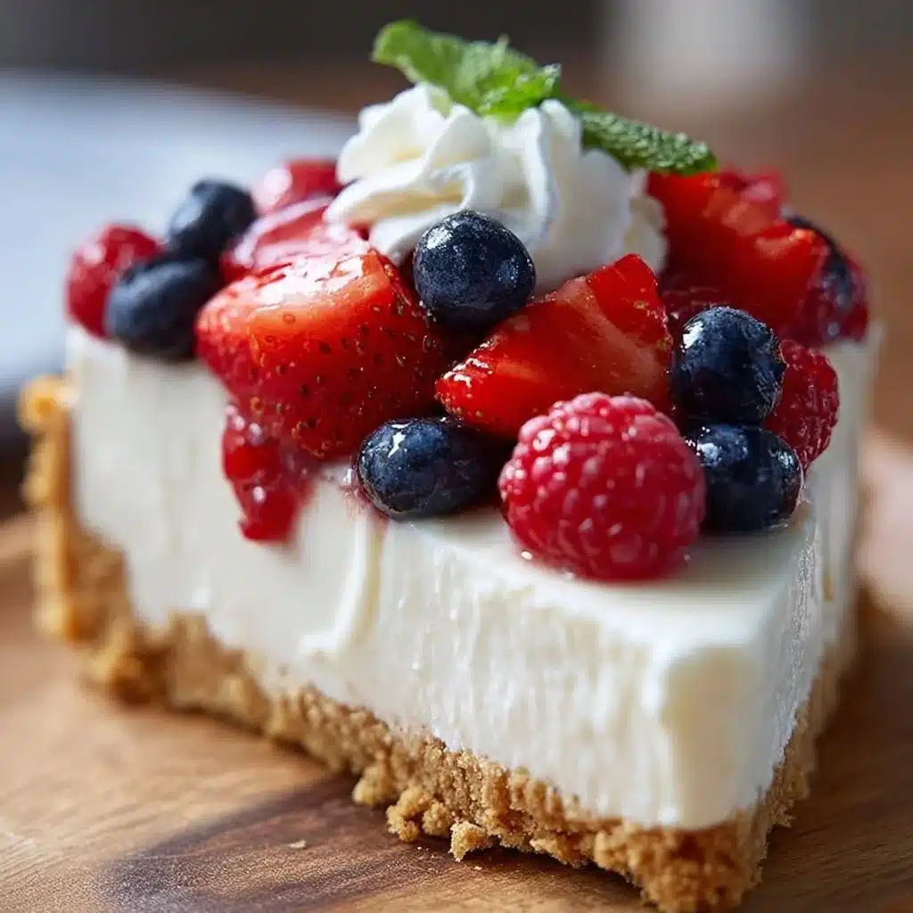 Delicious easy no bake cheesecake topped with fresh berries and whipped cream