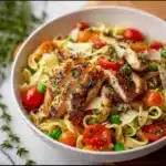 Fresh Chicken Pasta Primavera with vibrant vegetables and chicken in a creamy sauce