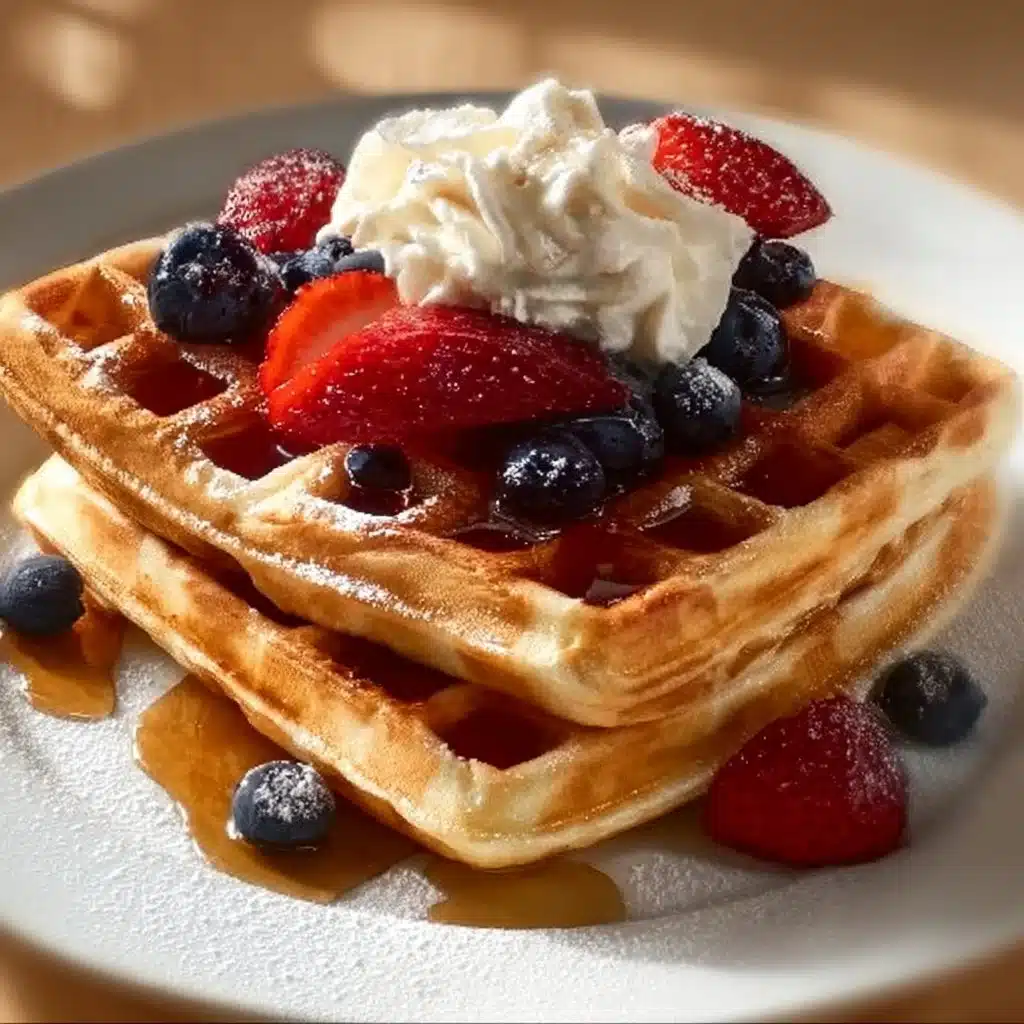 Delicious golden buttermilk waffles stacked on a plate