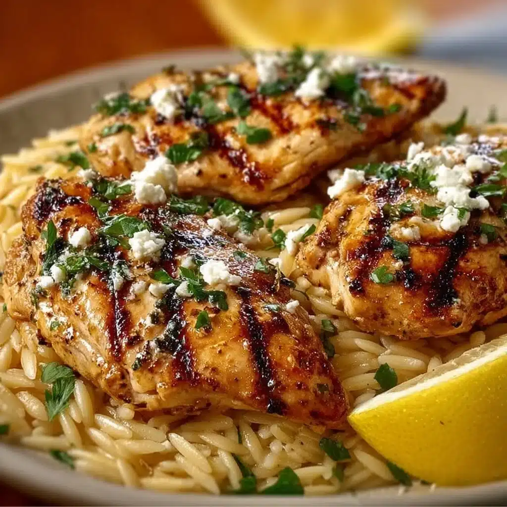 Delicious Greek Lemon Chicken served with orzo pasta garnished with fresh herbs