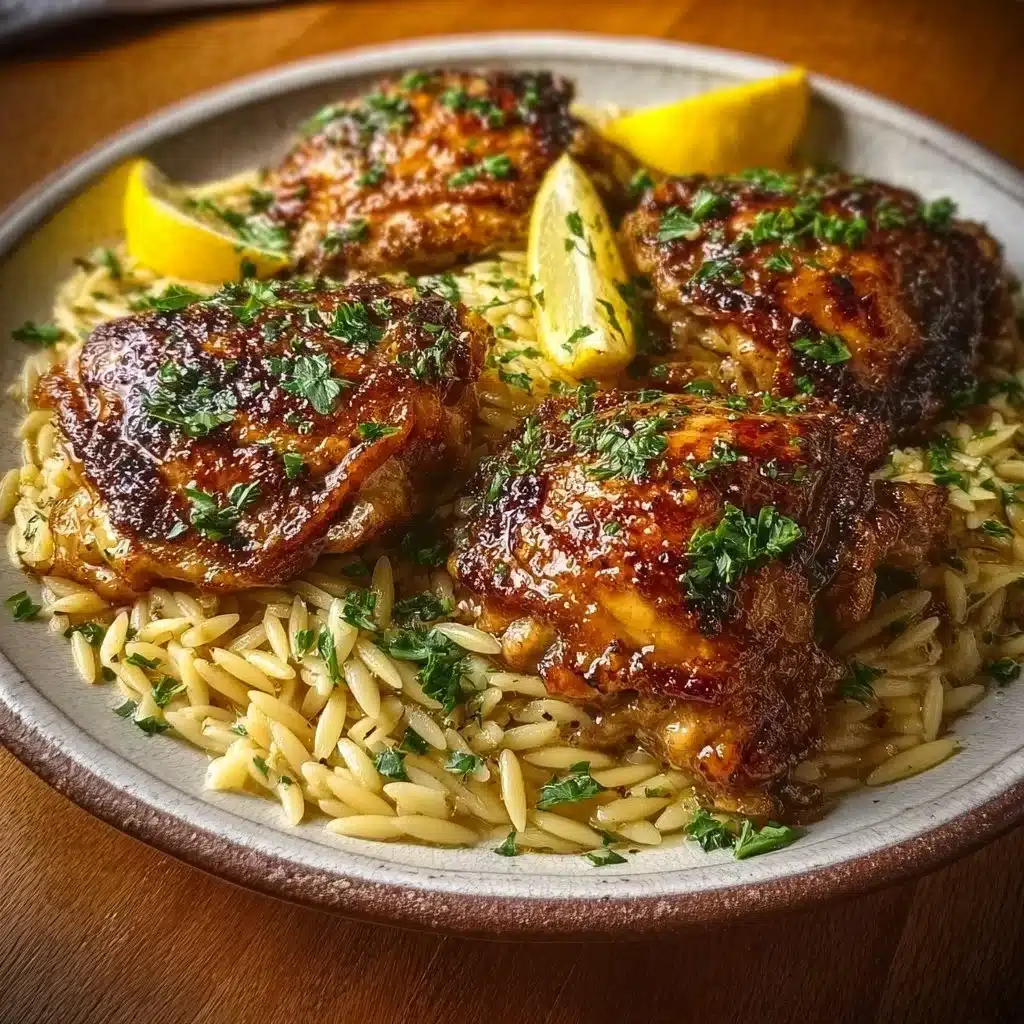 Greek Lemon Chicken served with orzo pasta in a flavorful dish