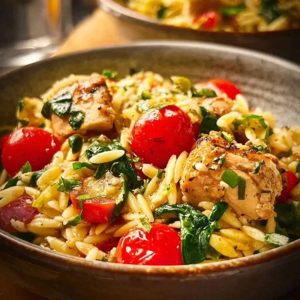 Plate of Greek Lemon Chicken served with orzo, garnished with parsley and lemon wedges