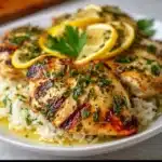Juicy Greek Lemon Chicken served with herbs and lemon wedges