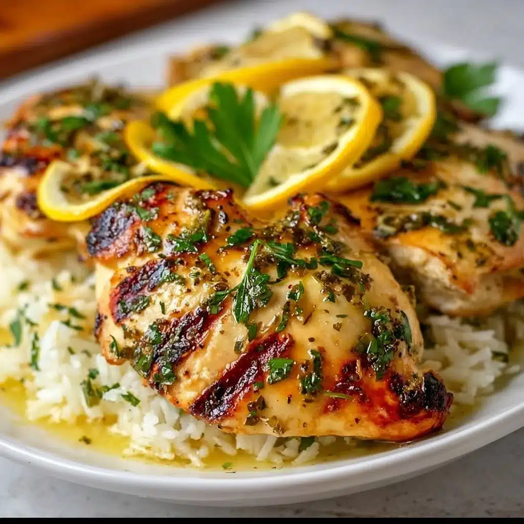 Juicy Greek Lemon Chicken served with herbs and lemon wedges