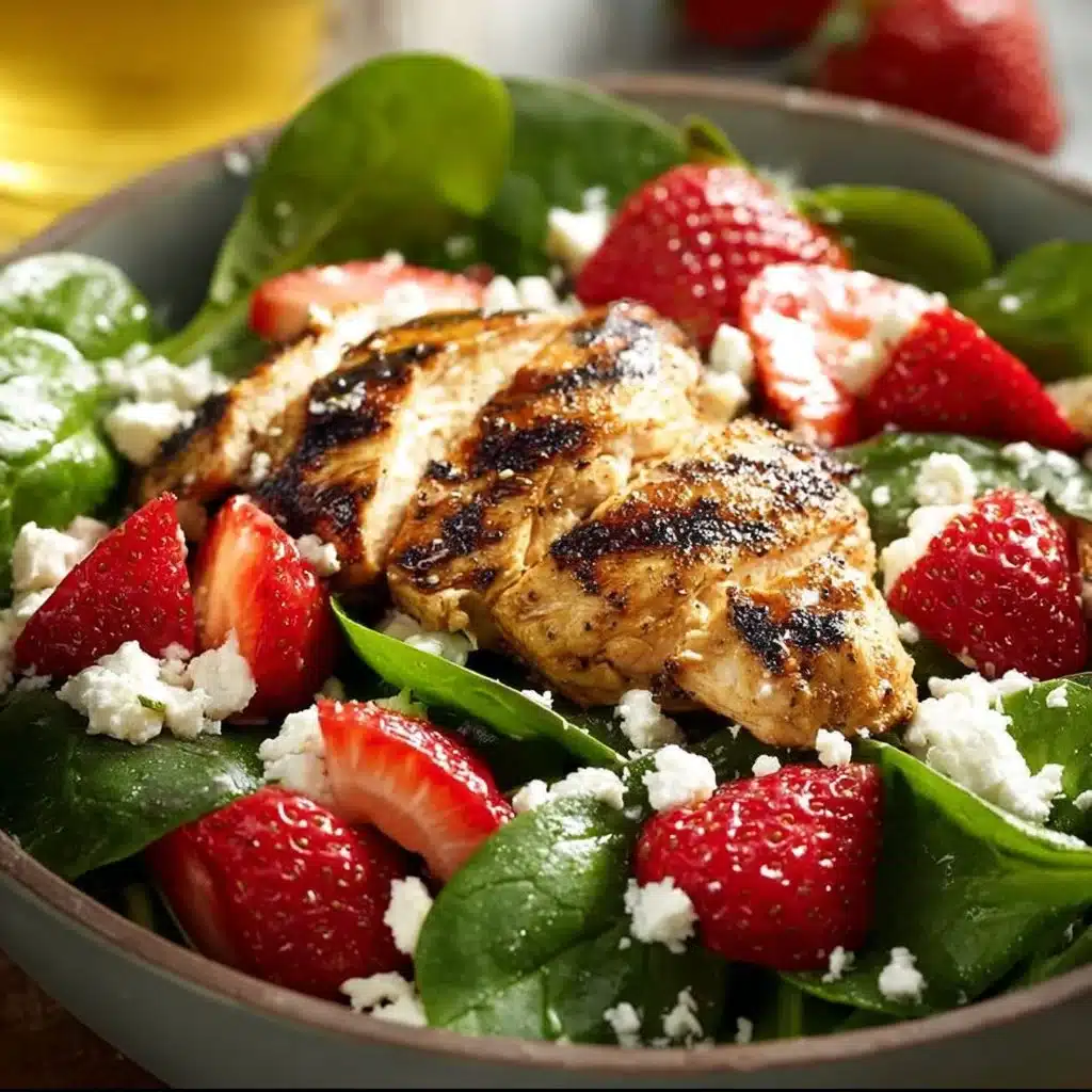 Delicious grilled chicken salad topped with fresh strawberries and greens