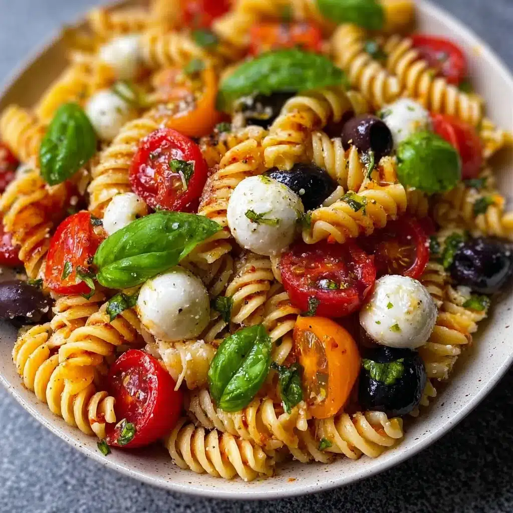 Bowl of colorful Italian Pasta Salad with fresh vegetables and dressing