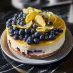 Slice of lemon blueberry cheesecake topped with fresh blueberries and lemon zest