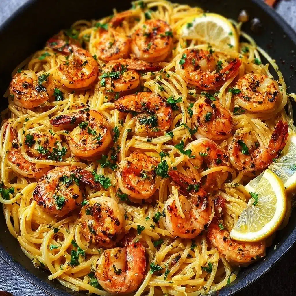 Plate of Lemon Garlic Butter Shrimp Pasta with herbs and lemon slices