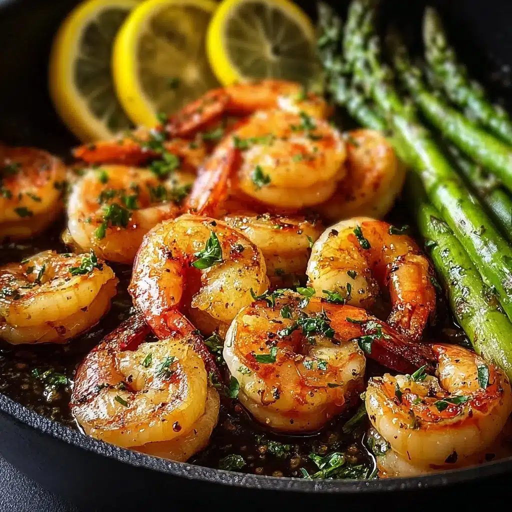 Plate of lemon garlic shrimp served with asparagus