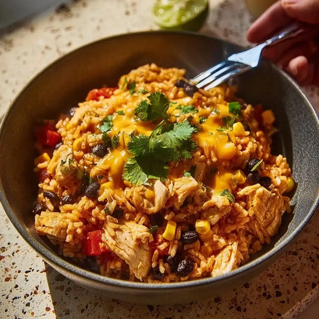 Delicious Mexican chicken and rice casserole topped with melted cheese