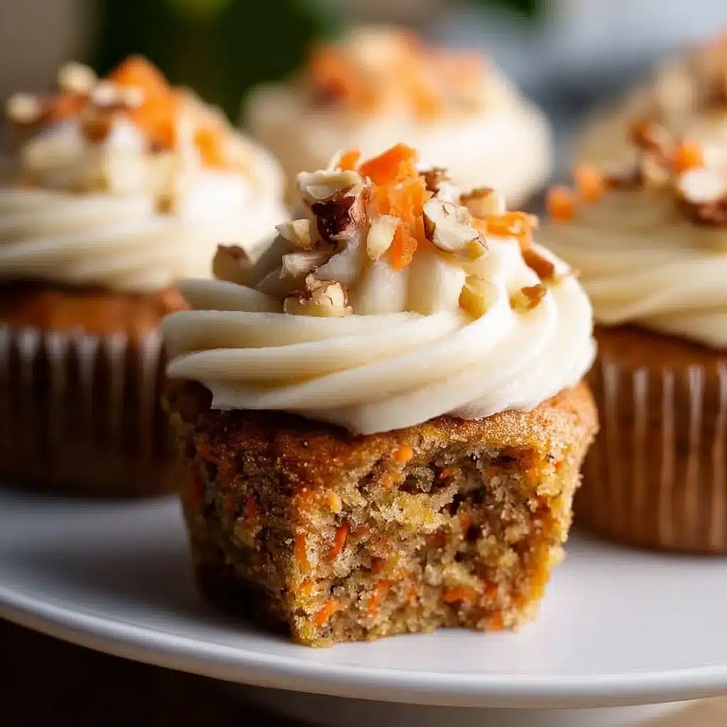 Moist carrot cake cupcakes with cream cheese frosting topped with walnuts