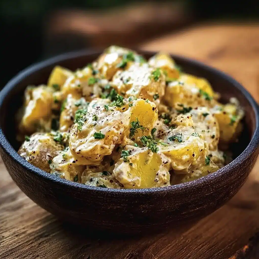 Delicious Mustard Potato Salad served in a bowl with colorful garnishes