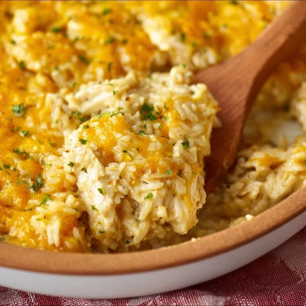 Oven-baked chicken and rice casserole in a baking dish, garnished with herbs