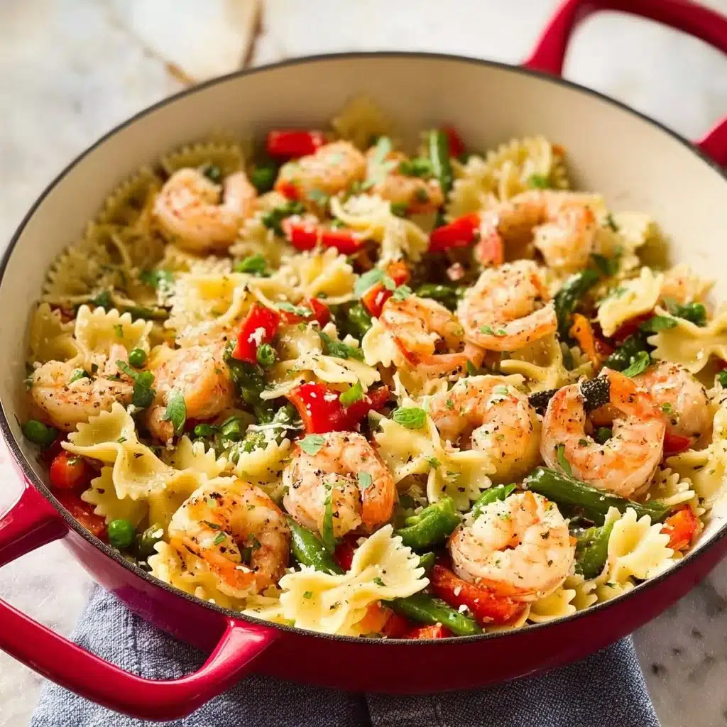 Pasta Primavera with Shrimp featuring colorful vegetables and shrimp in a light sauce.