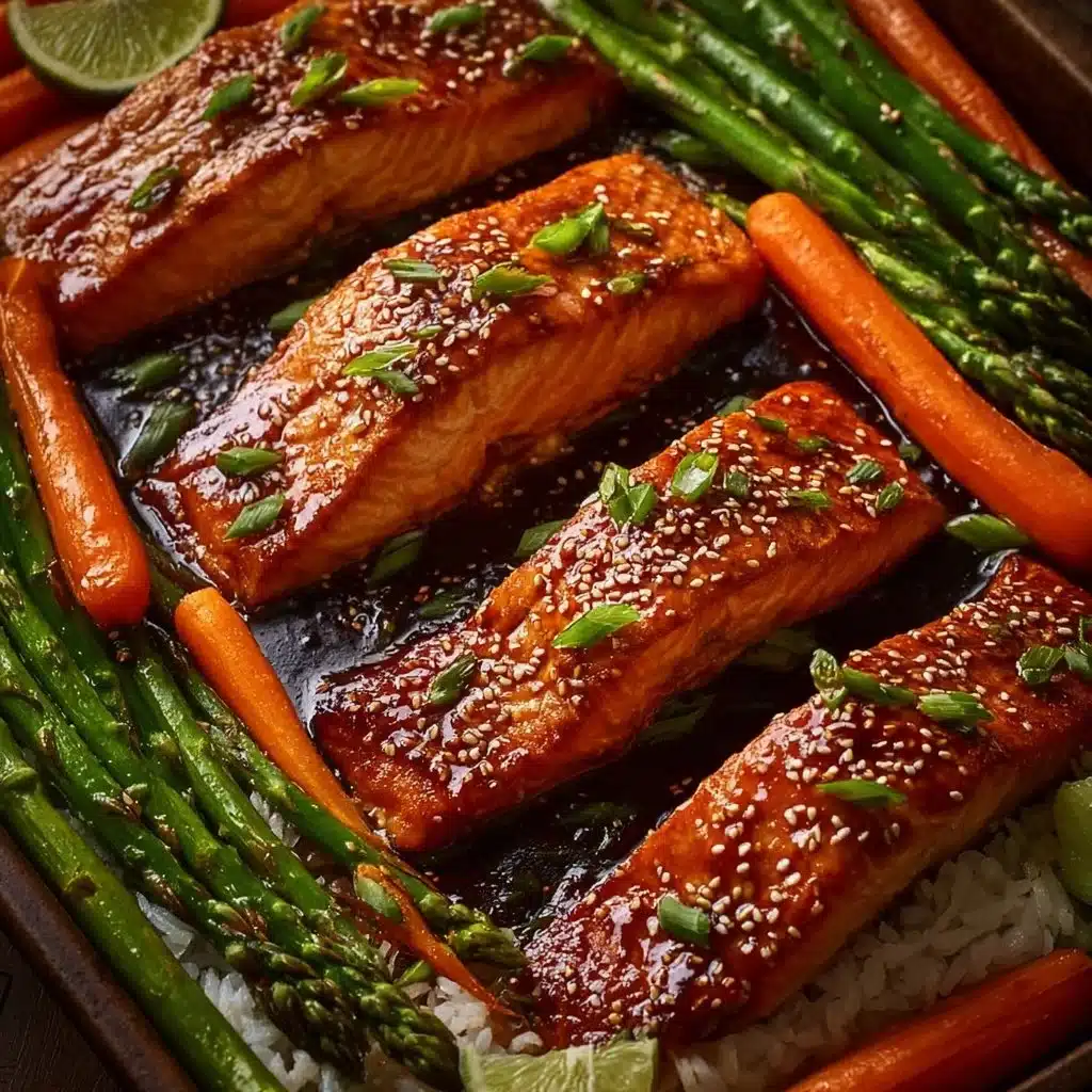 Sheet Pan Teriyaki Salmon served with vegetables on a plate