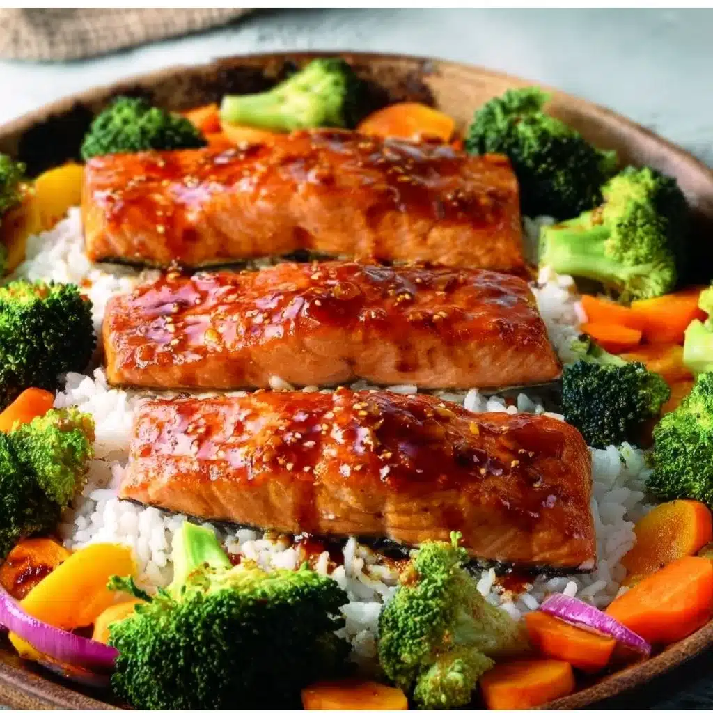 Sheet pan teriyaki salmon with colorful veggies on a baking sheet