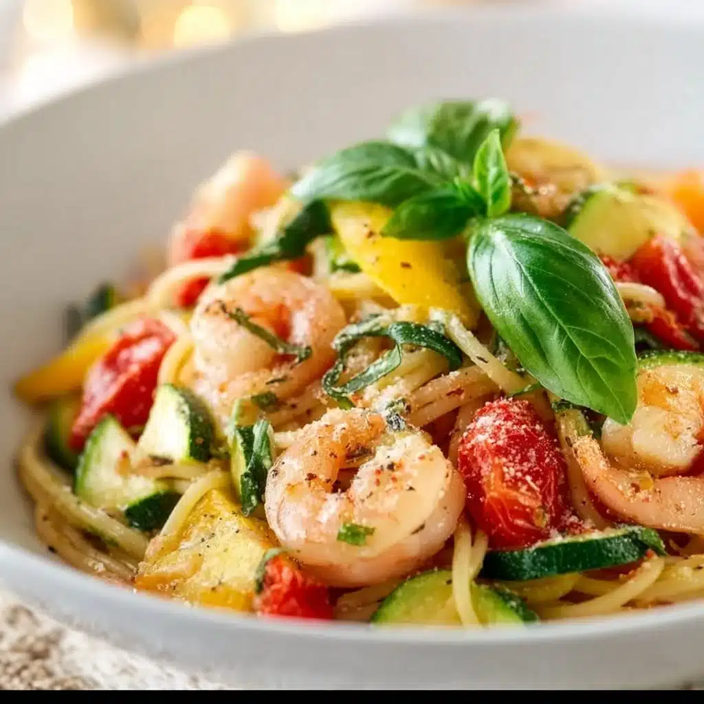 Shrimp Pasta Primavera with colorful vegetables in a creamy sauce