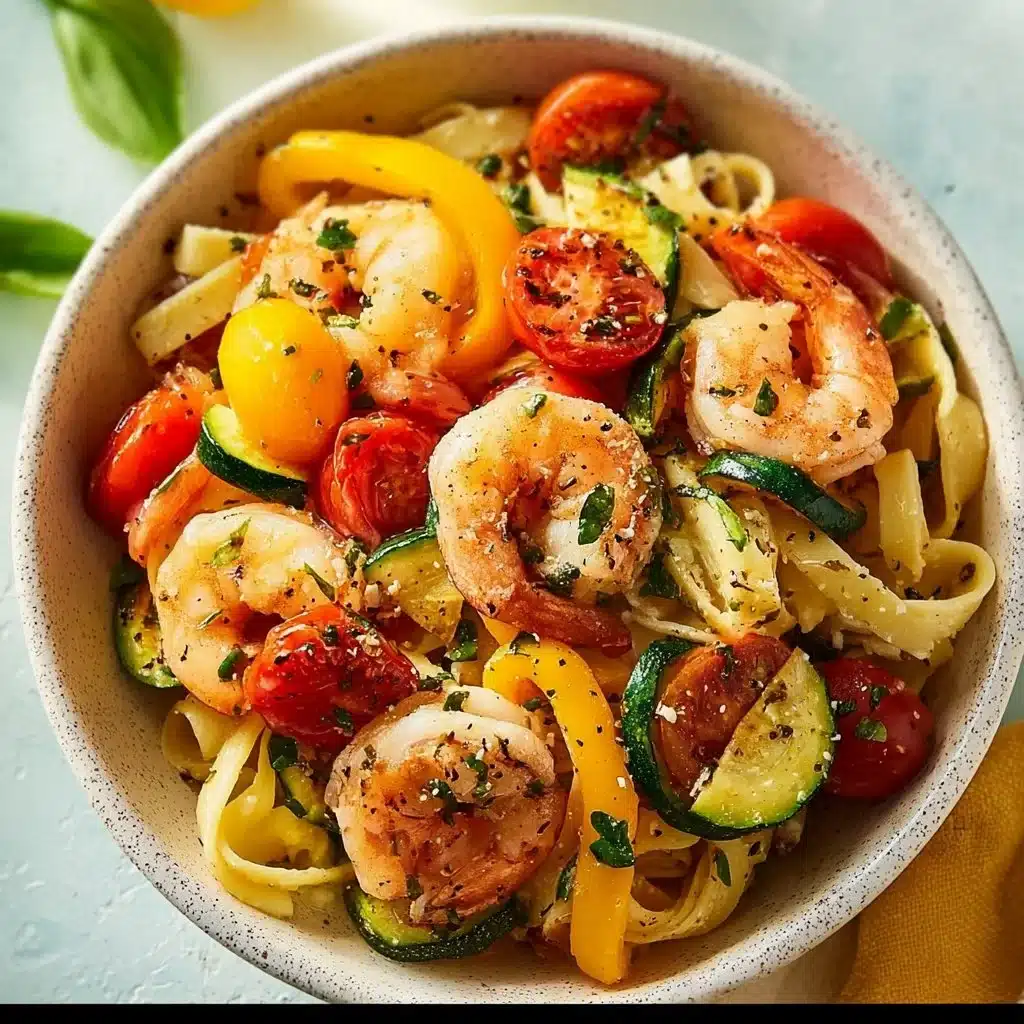 Shrimp Primavera Pasta with colorful vegetables and shrimp served in a bowl