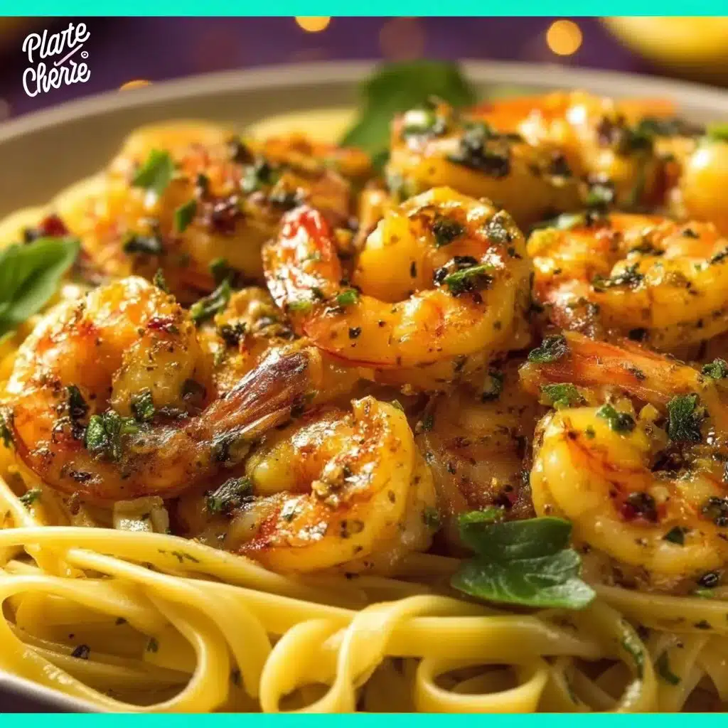 Plate of shrimp scampi with garlic, herbs, and pasta garnished with parsley