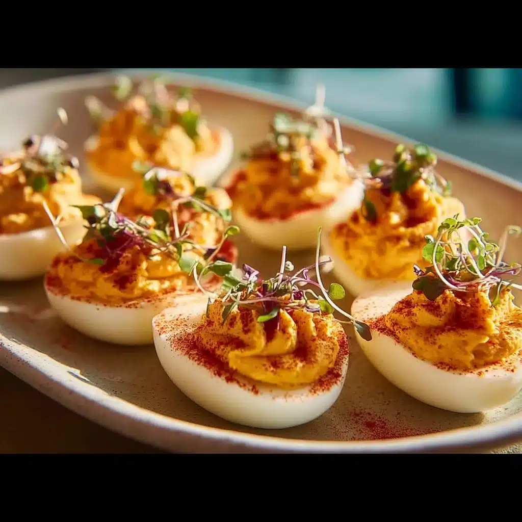 Spicy Sriracha Deviled Eggs garnished with herbs