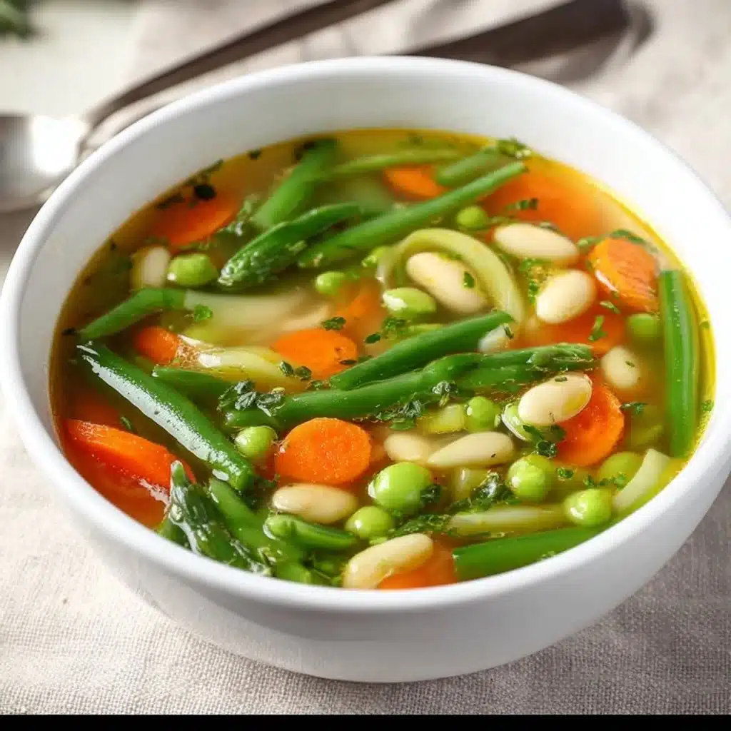 Bowl of healthy Spring Vegetable Soup with colorful fresh vegetables