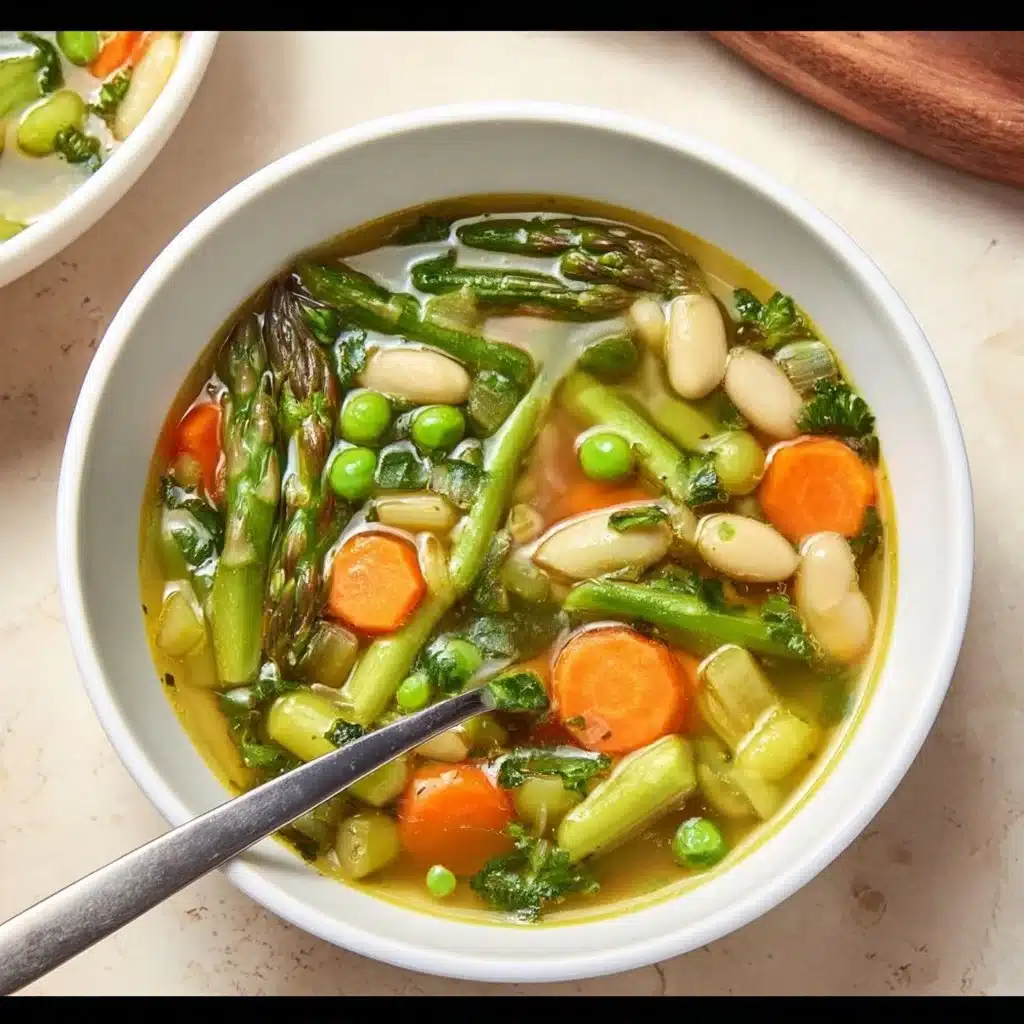 Bowl of vibrant spring vegetable soup filled with fresh greens and vegetables.